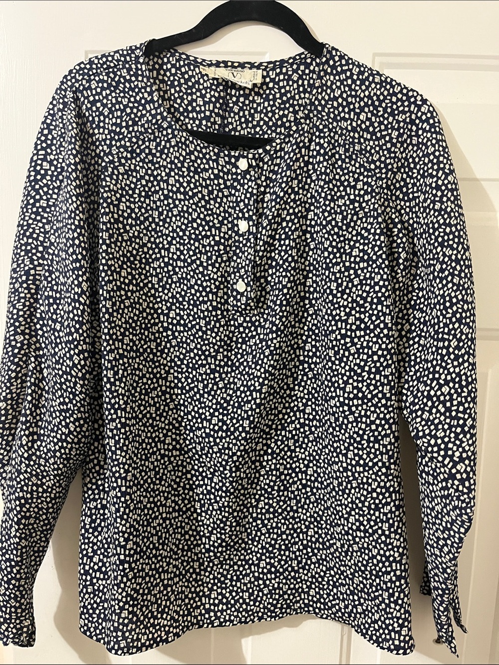 Valentino Navy and tan Dot Print Long Sleeve Blouse